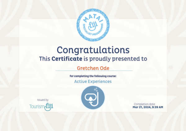 Active Experiences Fiji certificate