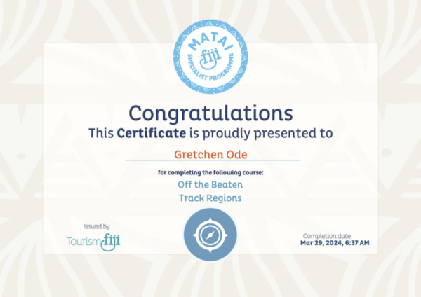 Off the Beaten Track Fiji certificate