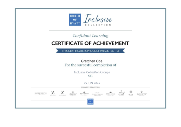 Hyatt Inclusive Collection Groups certificate