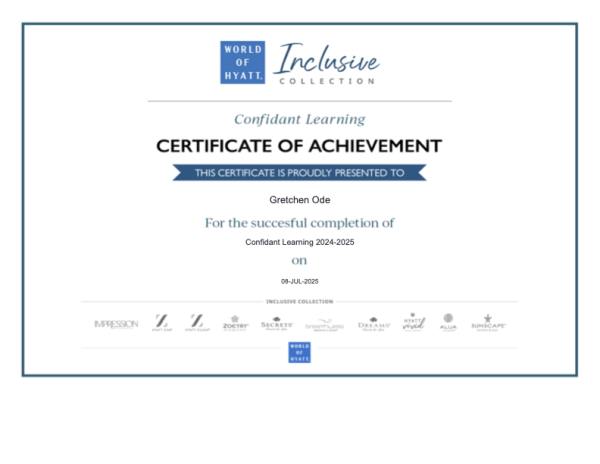 Hyatt Inclusive Collection Confidant certificate