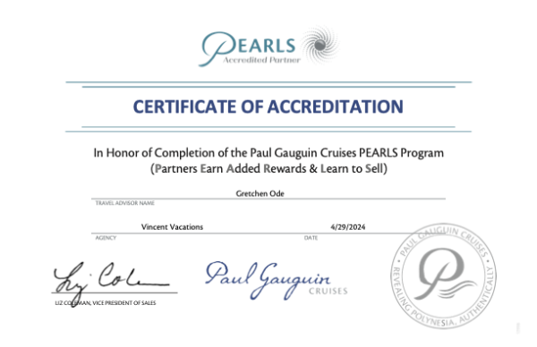 Paul Gauguin Cruises PEARLS certificate