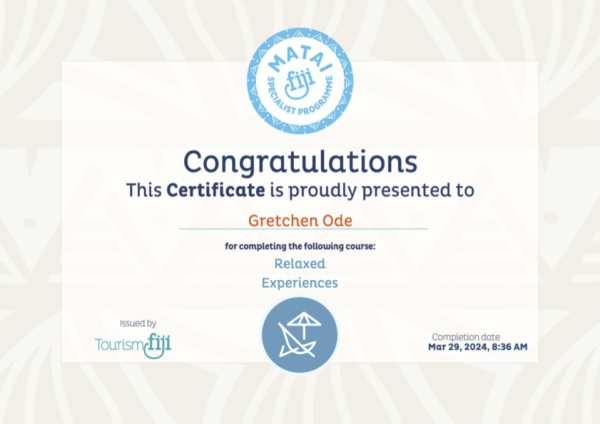 Relaxed Experiences and Weddings Fiji certificate
