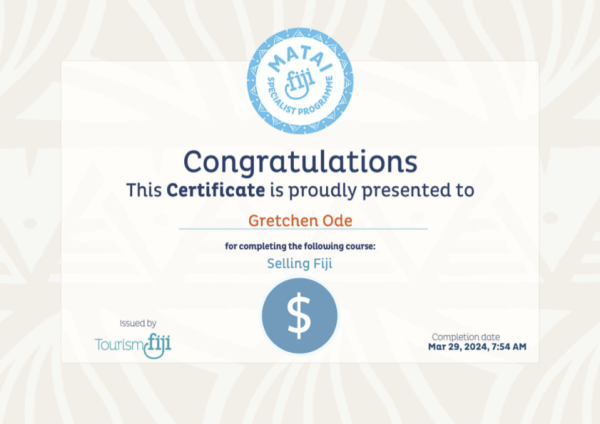 Selling Fiji certificate