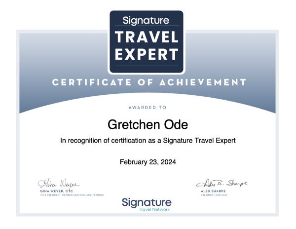 Signature Travel Expert certificate