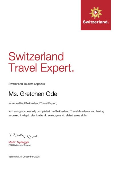 Switzerland Travel Expert certificate