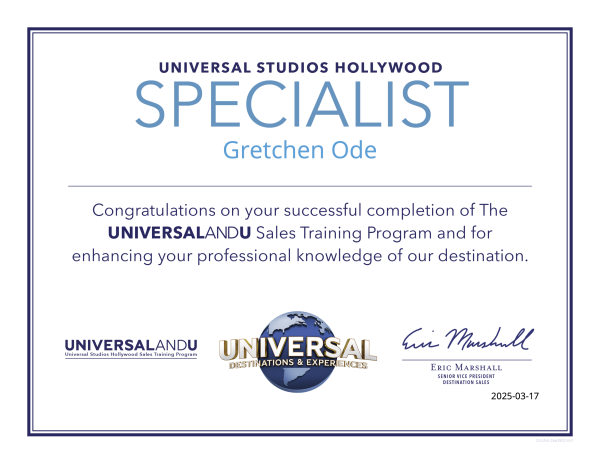 Universal Studios Hollywood Specialist certificate