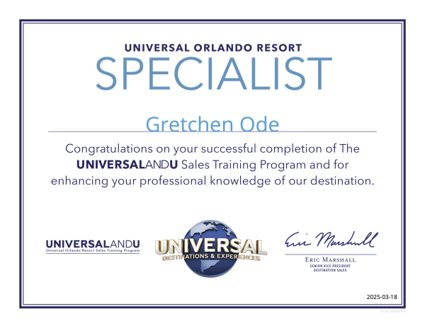 Universal Orlando Resort Specialist certificate