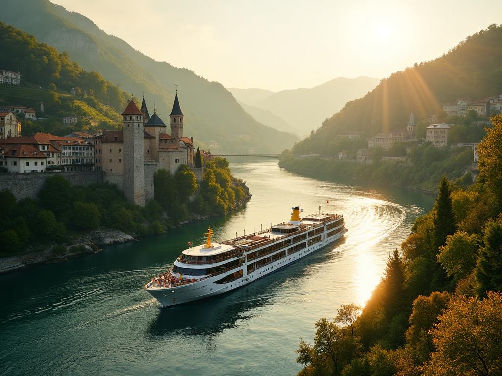 River cruise ship on the Danube passing a village